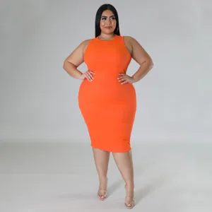 Plus size solid color sleeveless ribbed midi dress detail view, elegant casual summer wear.