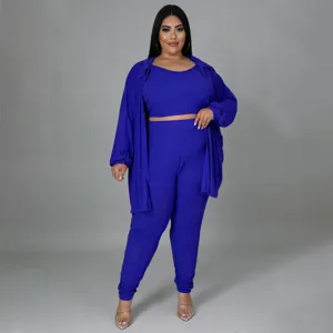 Plus size royal blue ribbed 3 piece casual outfit crop top pants and cardigan set