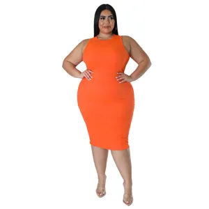 Plus size orange sleeveless ribbed knit dress detail, casual summer fashion slim fit.