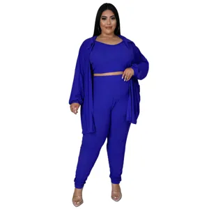 Plus size ribbed 3-piece solid color casual sexy outfit detail showing texture and fit.