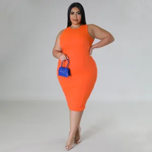 Plus size sleeveless ribbed midi dress, casual solid color summer bodycon dress for women.