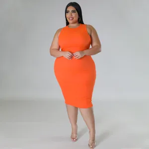 Orange ribbed sleeveless bodycon dress detail view, casual summer plus size fashion style.