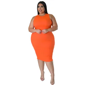 Plus size sleeveless ribbed bodycon midi dress casual summer solid color women fashion outfit