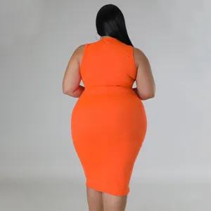 Plus size sleeveless ribbed bodycon dress in bright orange, solid color casual summer fashion.