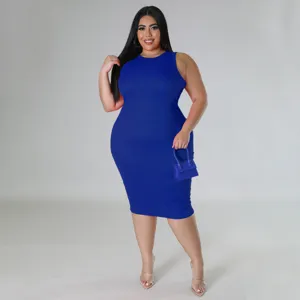 Plus size royal blue sleeveless ribbed dress detail view, casual summer fashion style.