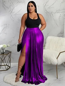 Metallic pleated maxi skirt featuring high slit design, elegant and shiny party apparel detail.