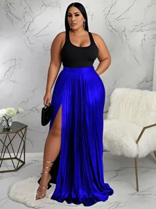 Women solid color high waist pleated split long skirt fashion casual elegant maxi skirt