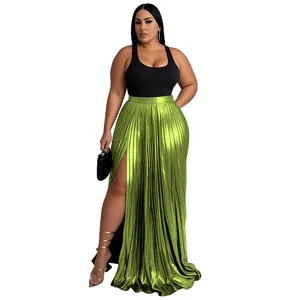 Women metallic pleated maxi skirt high waist split long skirt fashion casual elegant apparel
