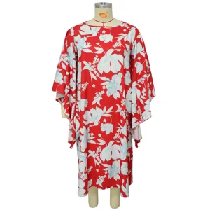 Detailed view of the red floral loose kaftan dress featuring elegant kimono sleeves.
