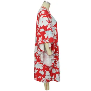 Side detail view of red floral kimono sleeve maxi dress, loose kaftan plus size style.