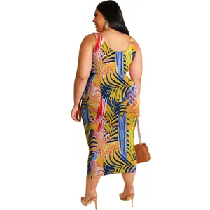 Plus size tropische bladeren print mouwloze midi jurk detailweergave slanke pasvorm.