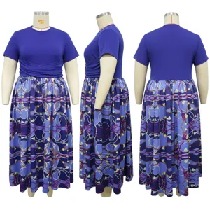 Plus size women's casual short sleeve pleated maxi dress with elegant printed skirt.