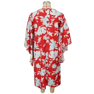 Red floral print kimono sleeve loose plus size midi dress back view detail showcase.