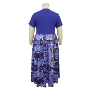 Detailed view of plus size short sleeve colorblock pleated swing dress from back.