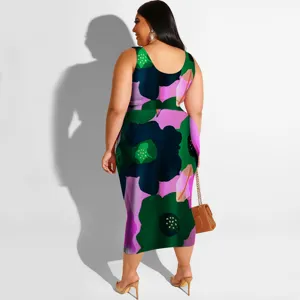 Grote maat bloemenprint tweedelig setje voor dames, casual mouwloze top en midi rok.