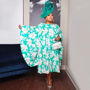 Stunning green floral kimono sleeve loose plus size dress, perfect for party and casual wear.