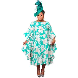 Plus size floral print kaftan dress with kimono sleeves and matching fascinator hat for women.