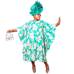 Plus size floral print kaftan kimono sleeve dress, elegant green long maxi dress view
