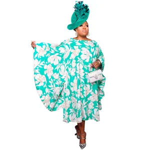 Plus size green floral kimono sleeve loose long dress for women elegant party evening wear