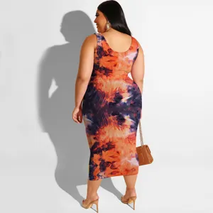 Plus size tie dye tweedelige jurk set vrouwen mouwloze top en rok detail weergave