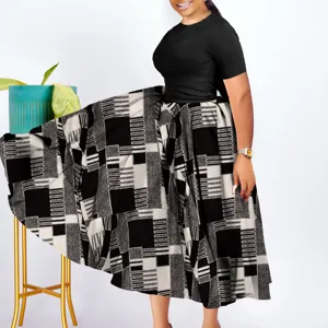 Plus size fashion women african style black white geometric print pleated long maxi dress.