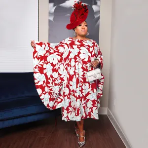 Plus size floral print kimono sleeve dress for women, loose casual evening party wear.