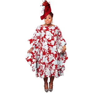Plus size red floral kimono sleeve loose casual dress for women elegant party wear.