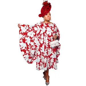 Plus size floral kimono sleeve dress details, elegant red maxi dress with split and flowing fit.