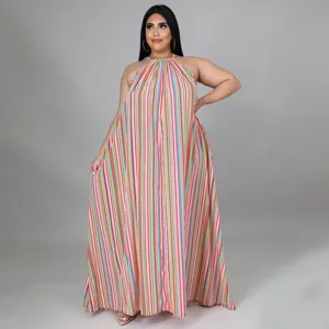 Robe longue grande taille à rayures colorées et col halter, robe longue décontractée sans manches.
