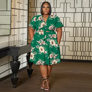 Plus size green floral ruffle sleeve crop top and matching skirt two piece outfit