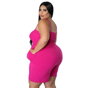 Plus size hot pink smocked back sleeveless romper with pockets, summer casual chic fashion shorts jumpsuit.