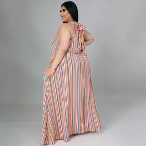 Robe maxi col halter rayée colorée grande taille femme décontractée sans manches ample.