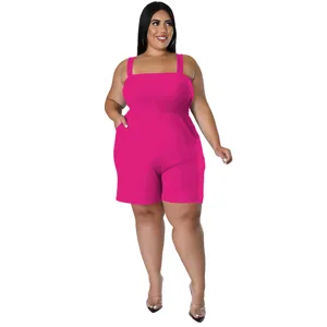 Detail shot of women summer pink sleeveless smocked romper with side pockets and backless design.