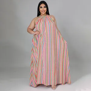 Robe longue femme grande taille rayée colorée, robe d'été décontractée ample sans manches.