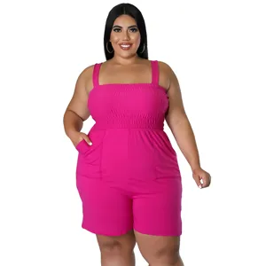 Plus size hot pink strapless romper summer casual sleeveless pocket jumpsuit for women