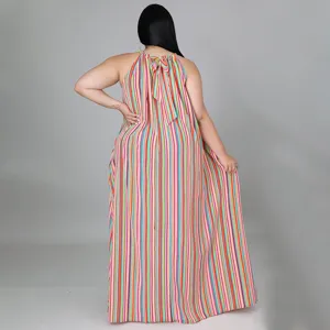 Grande taille robe longue col halter rayée colorée, robe décontractée ample sans manches.