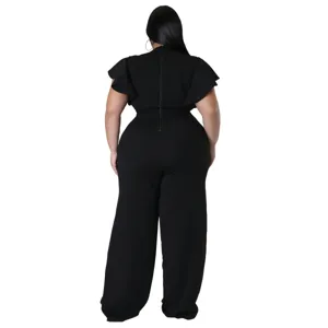 Übergröße schwarze Rüschenärmel weites Bein Jumpsuit elegante Damen Overall Mode
