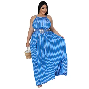Robe longue maxi bleue et blanche rayee pour femme grande taille avec ceinture chic