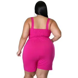Plus size hot pink smocked backless romper jumpsuit detail view for women summer daily wear
