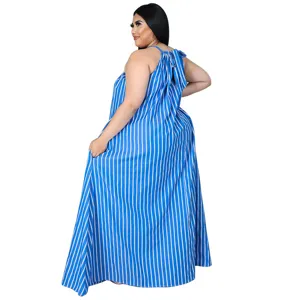 Robe longue grande taille rayée bleu et blanc, robe longue décontractée sans manches.
