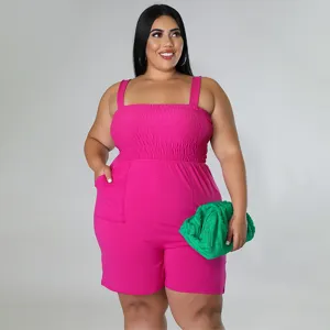 Plus size square neck solid color sleeveless pocket romper casual summer women jumpsuit
