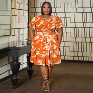 Plus Size Floral Print Two Piece Outfit V Neck Ruffle Sleeve Crop Top and Skirt Suit Set