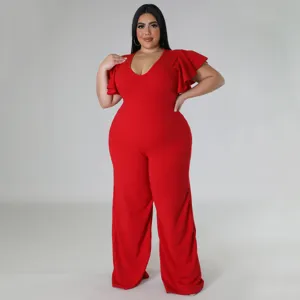 Roter Damen Jumpsuit in Übergröße mit Rüschenärmeln und weitem Bein für elegante Anlässe.