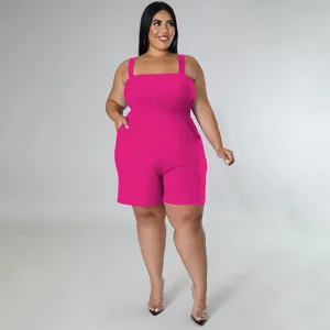 Hot pink plus size square neck romper, sleeveless casual summer shorts jumpsuit for women.