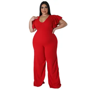 Eleganter roter Jumpsuit in Übergröße mit V-Ausschnitt Rüschenärmeln und weiter Hose
