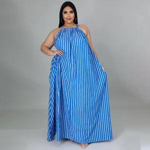 Robe longue maxi à rayures bleu et blanc grande taille décontractée ample pour femme chic