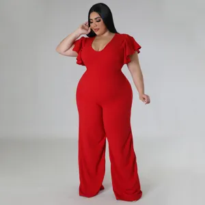 Eleganter roter Jumpsuit für Damen in Übergröße mit V-Ausschnitt und weitem Bein