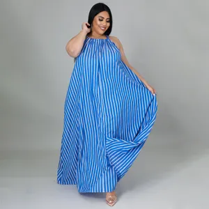 Robe longue maxi ample rayée bleu et blanc avec licou, robe décontractée grande taille.