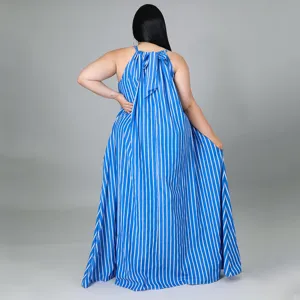 Robe longue ample à rayures bleu et blanc col halter grande taille pour femmes élégante