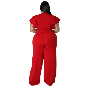Plus Size roter Damen Jumpsuit weites Bein Rüschenärmel elegante Freizeitkleidung